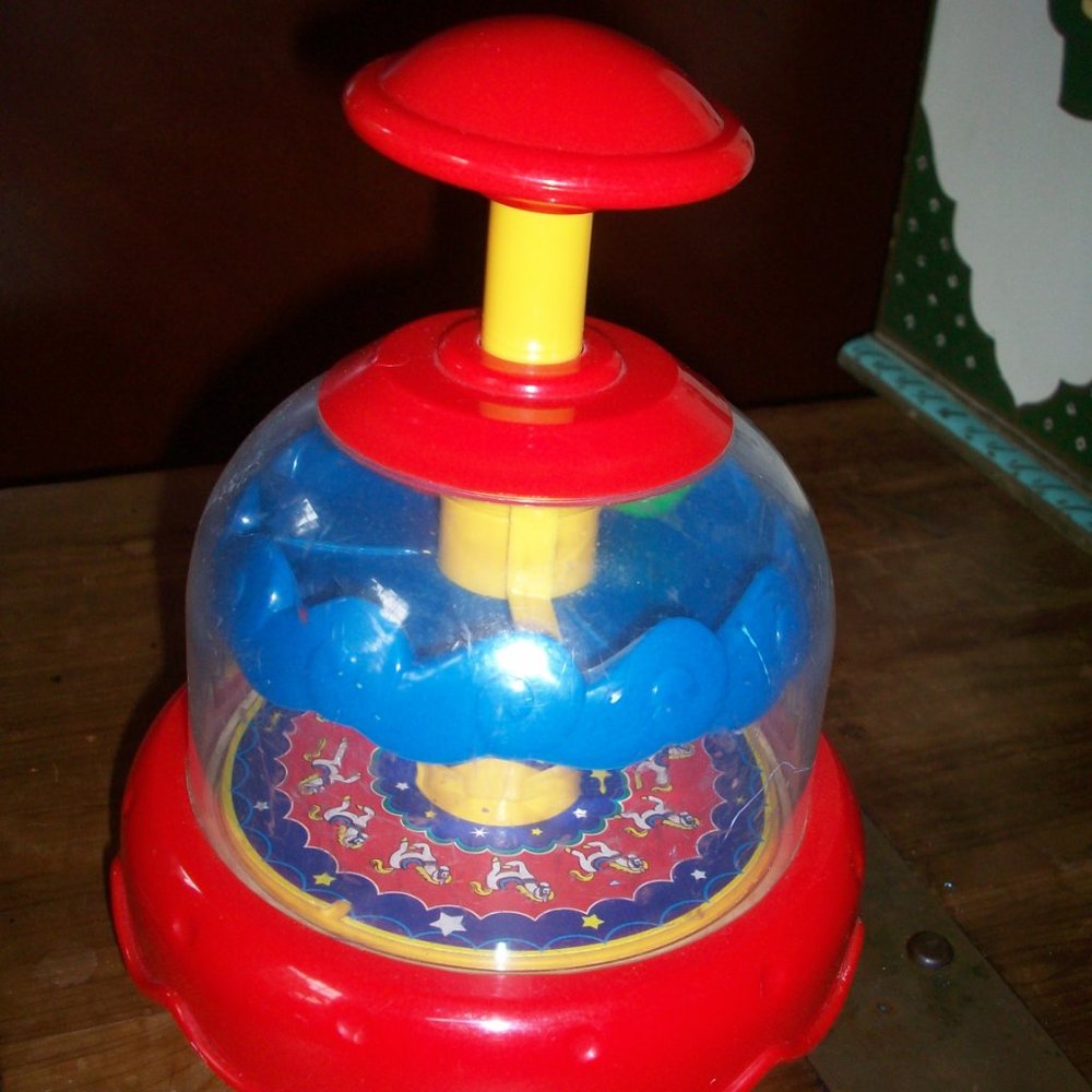 Blue Box Toys Spinning Top Ball Popper Push Pump Toddler Toy Blue Vintage